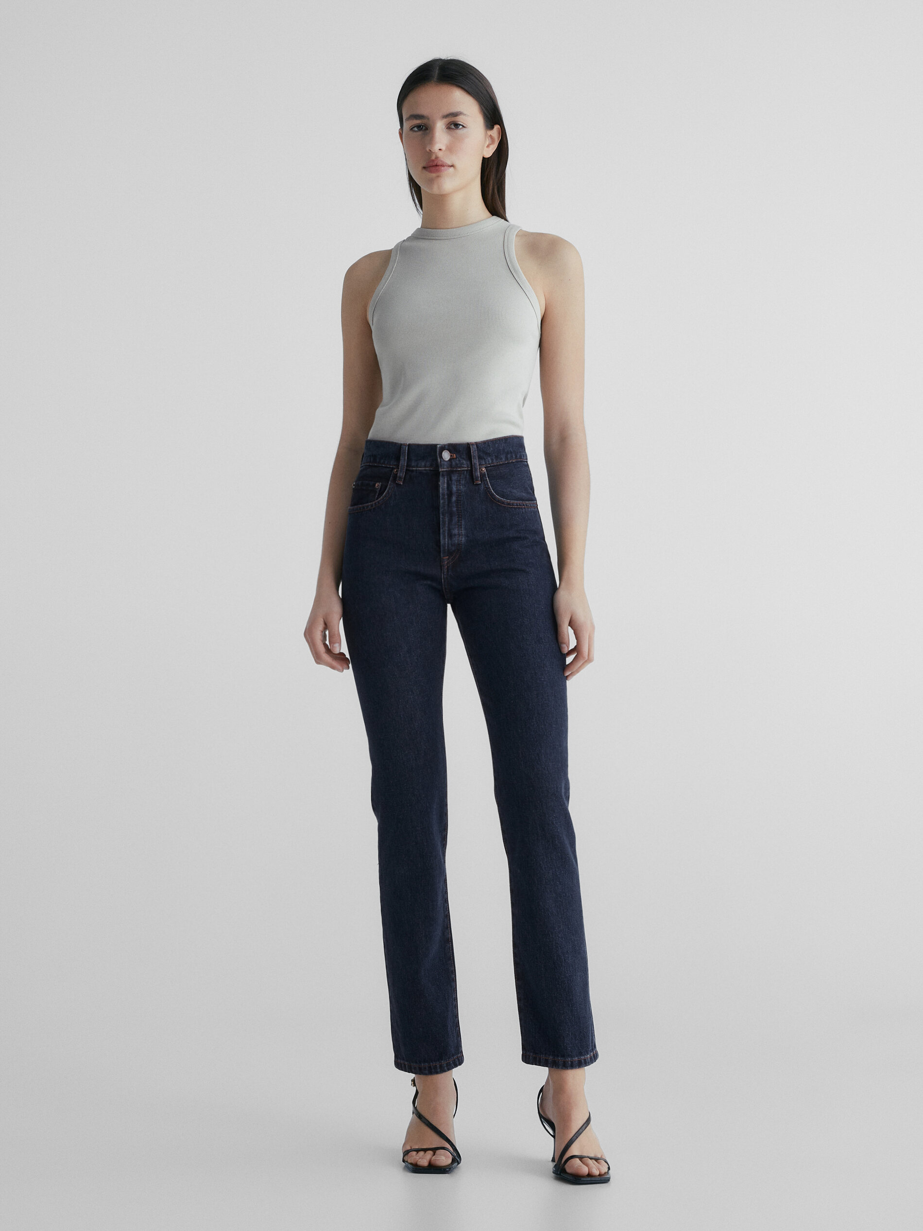 Calça jeans reta de cintura alta - AZUL ESCURO