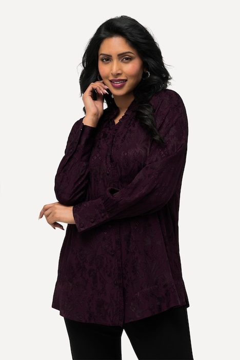 Bluse, Jacquard, Rüschen, V-Ausschnitt, Langarm