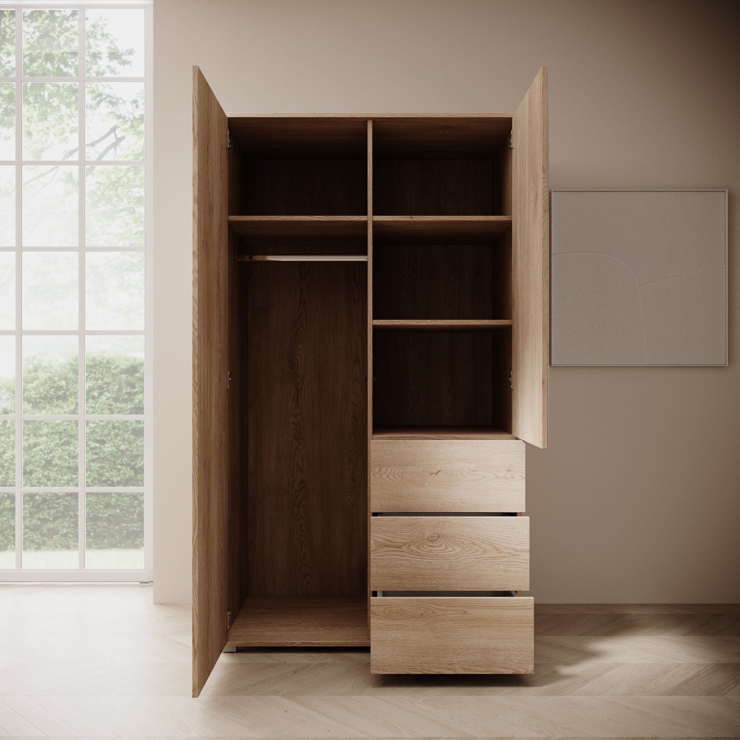 Meubella - Gideon - Kledingkast met spiegel - Eiken - 100x59x178 cm