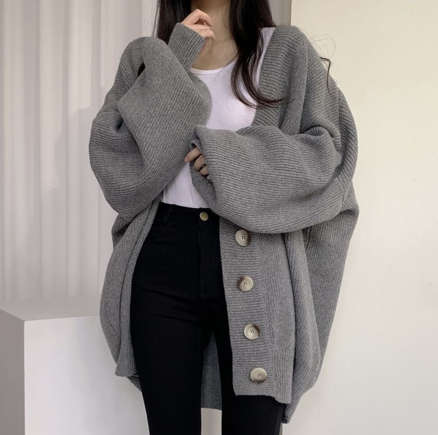 FR - V-hals geribbeld, oversized vest met knoopjes