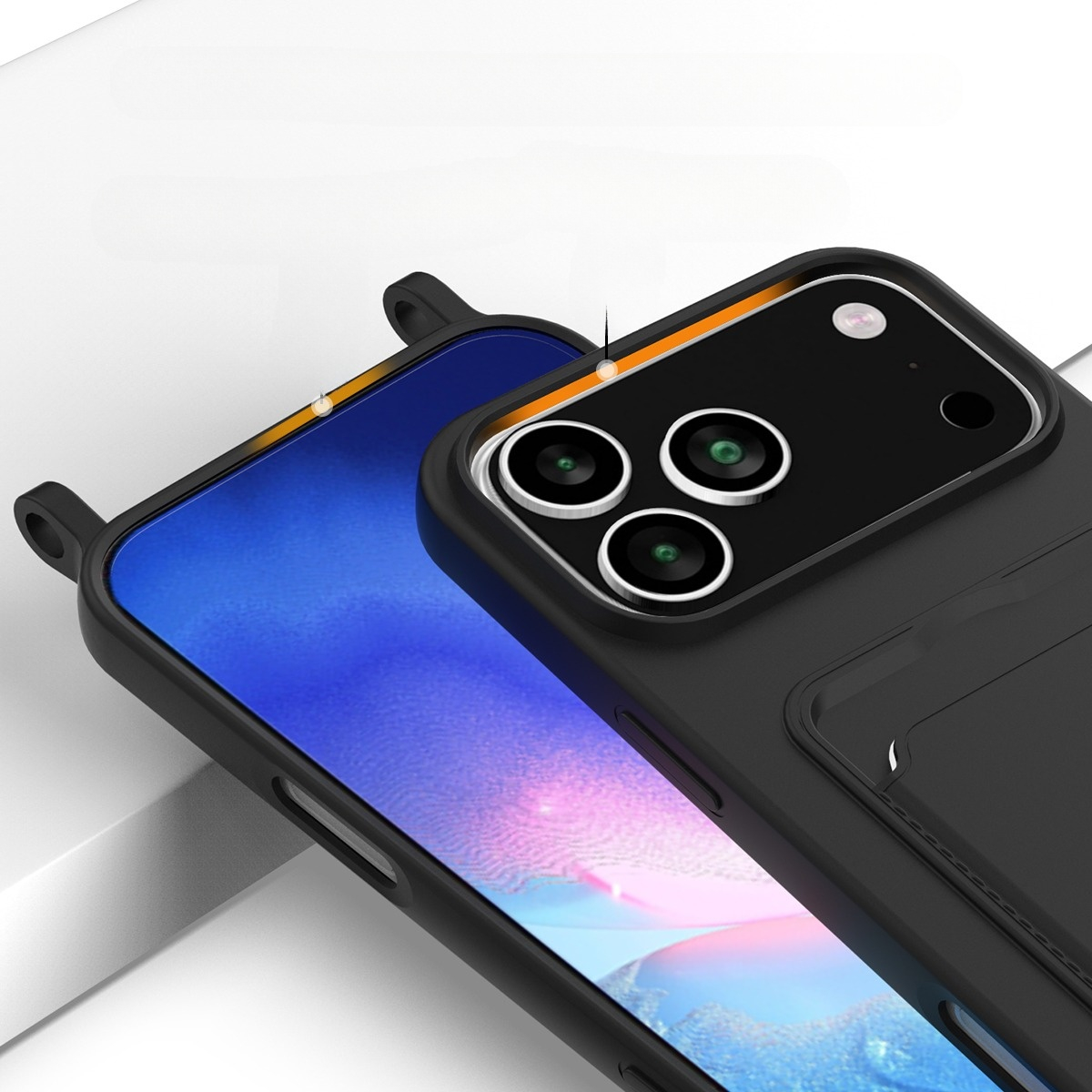 iPhone 17 Pro Max Necklace Silikon Hülle mit Kartenfach   Handykette (160cm) - Schwarz