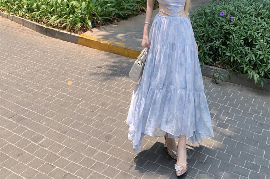 Morning Glory - Spaghettibandjes Tie Dye Halterhals Cutout Maxi A-lijn Jurk