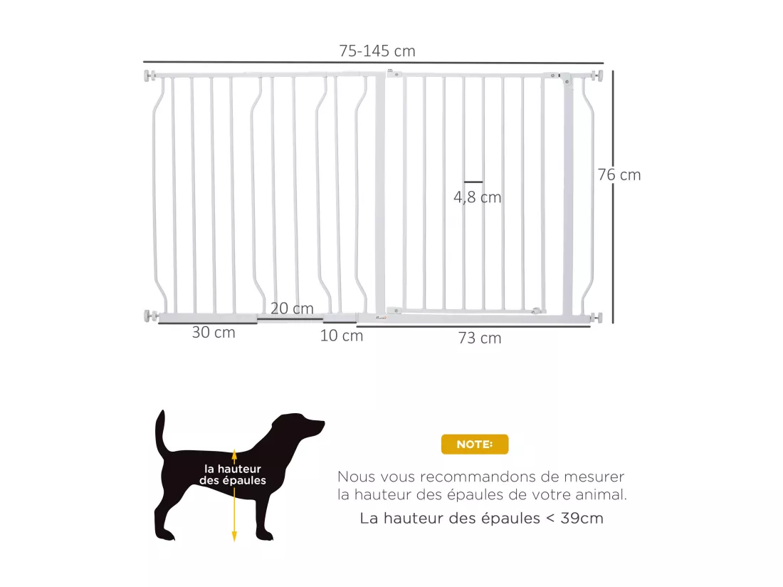 Barrière de sécurité animaux - longueur réglable dim. 75-145 cm - porte double verrouillage, ouverture double sens -sans perçage - acier ABS blanc