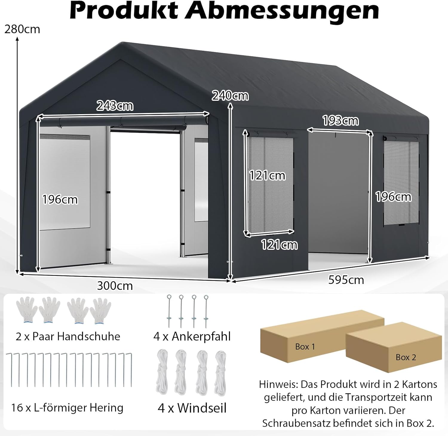 COSTWAY Zeltgarage Carport, 595x300cm, Garagenzelt mit 8 abnehmbaren Seitenwänden, Rolltüren & belüfteten Fenstern, Weidezelt, Lagerzelt, Garage Unterstand, Garagenüberdachung für Auto, SUV, Lkw, Boot