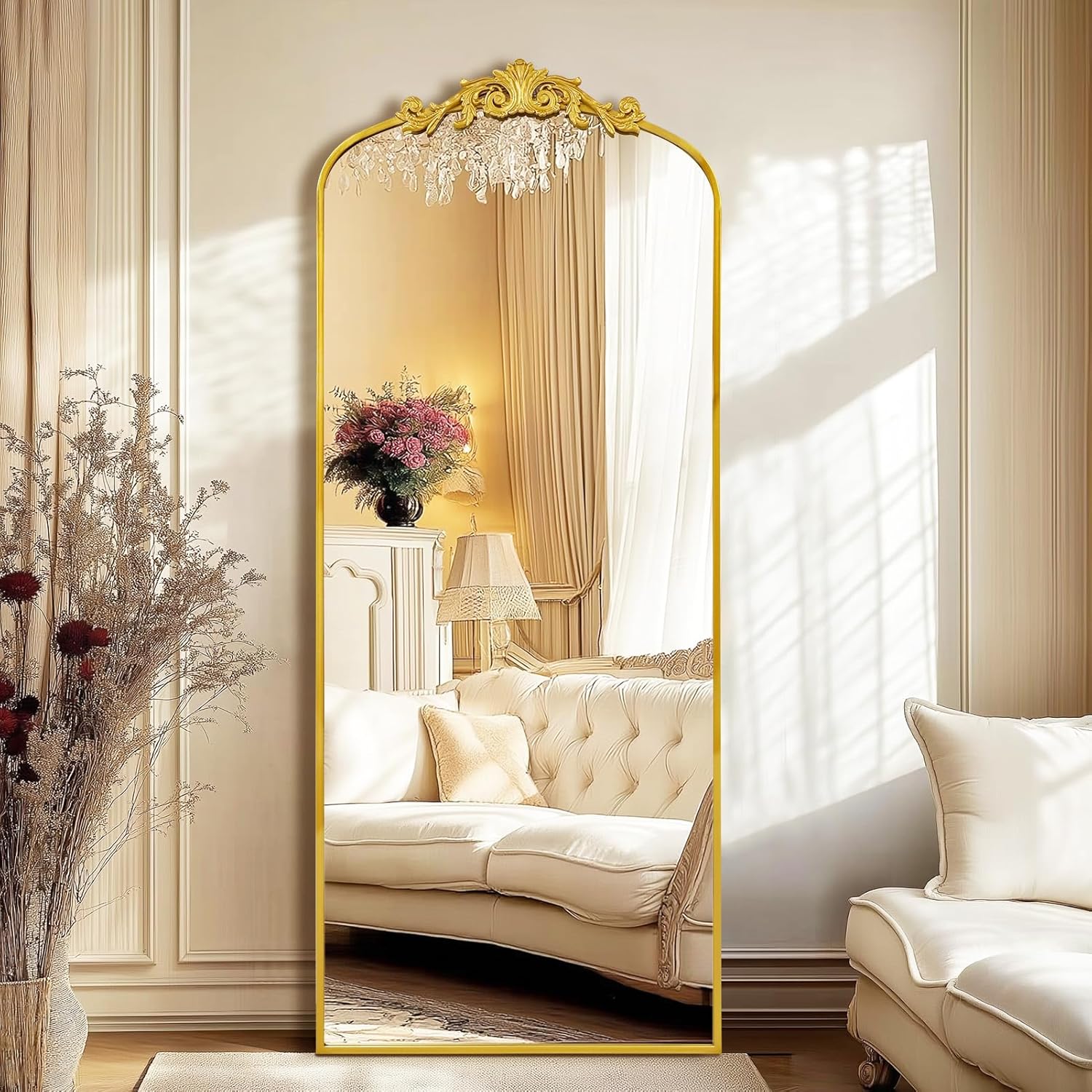 G-LEAF Antiker Ganzkörperspiegel im Barockstil, 180cm x 76cm, Freistehend, Wandmontiert oder an die Wand Angelehnt, für Schlafzimmer, Wohnzimmer, Gold