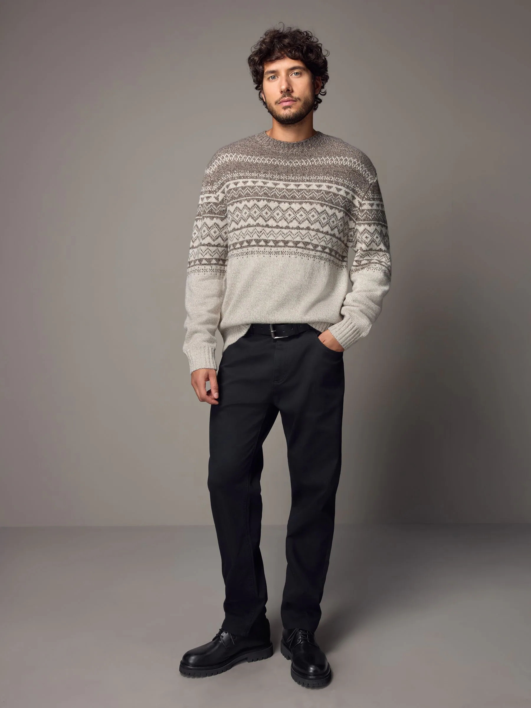 Neutraal/ecru - Ronde hals - Regular-fit trui met fair isle-patroon en wol