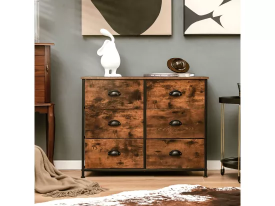 Commode Meuble de Rangement-6 Tiroirs en Tissu, 80 cm x 30 cm x 63 cm, Cadre en Métal, Surface en MDF, Brun Rustique & Noir