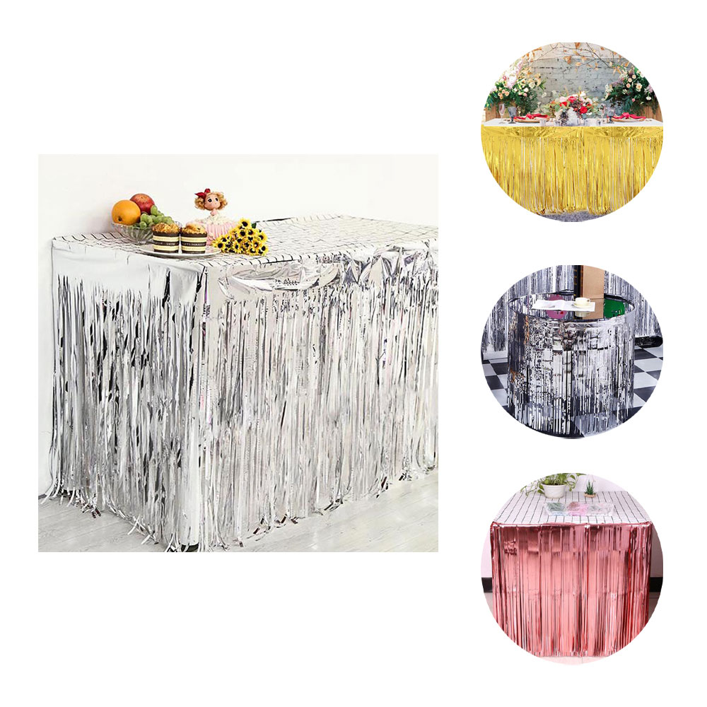 (250x80cm) Party Tisch Deko Metallic Lametta Vorhang Glänzender Fransen Vorhang für Apéro / Esstisch - Silber