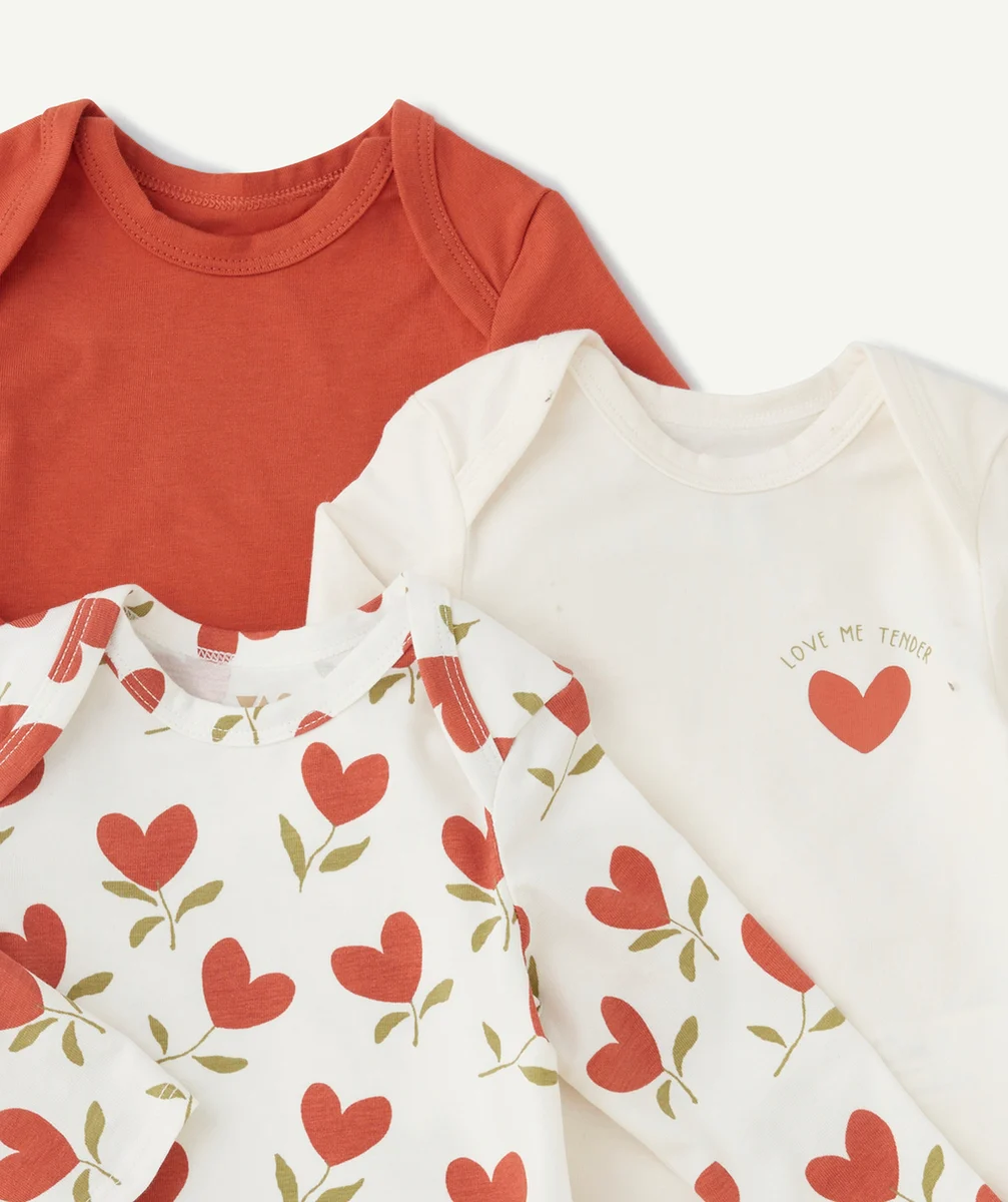 LOT DE 3 BODIES EN COTON BIO ROUILLE ET BLANC AVEC COEURS