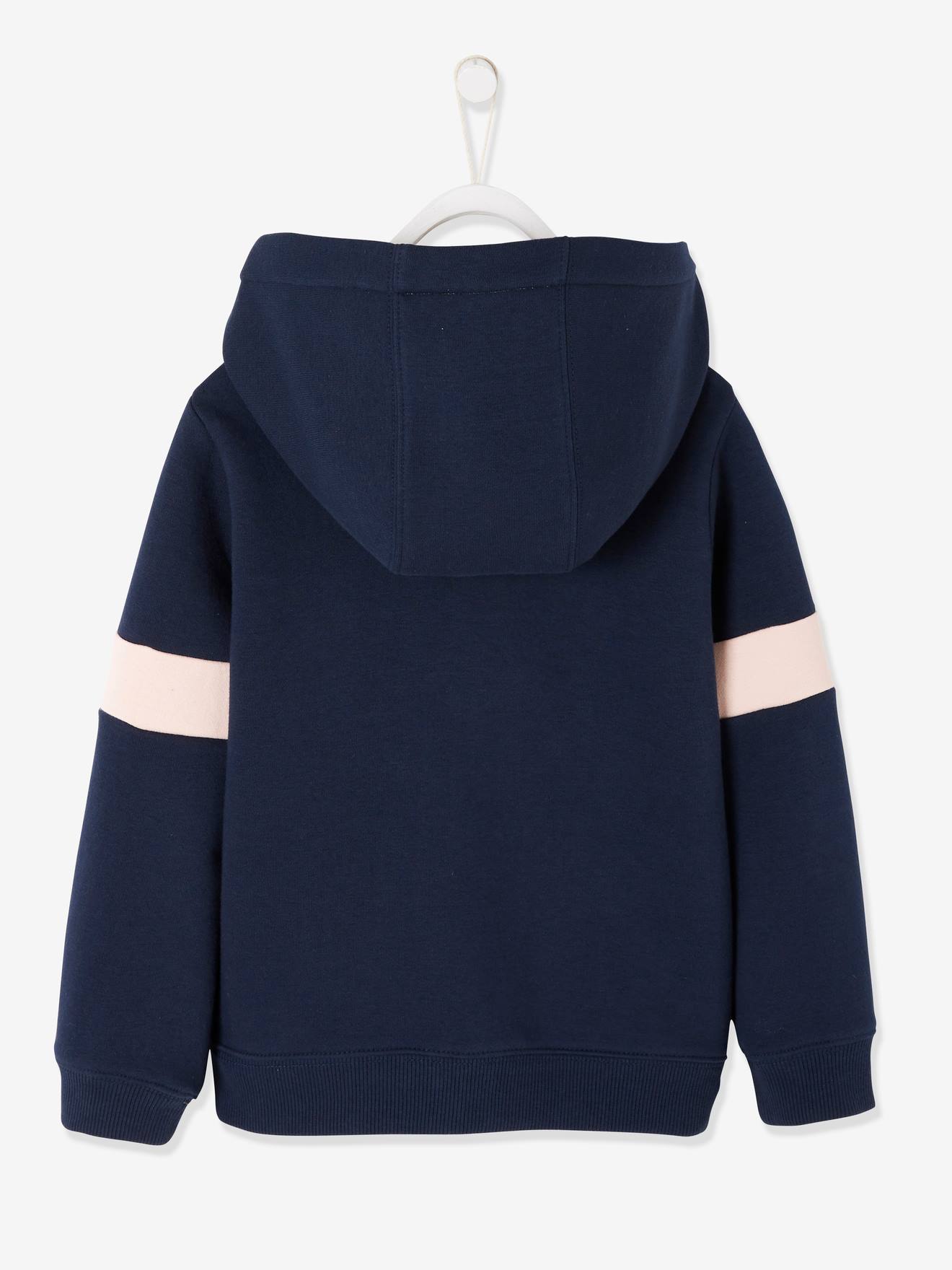 Blusa de moletom rosa claro lisa com zíper para meninas e detalhes estampados.