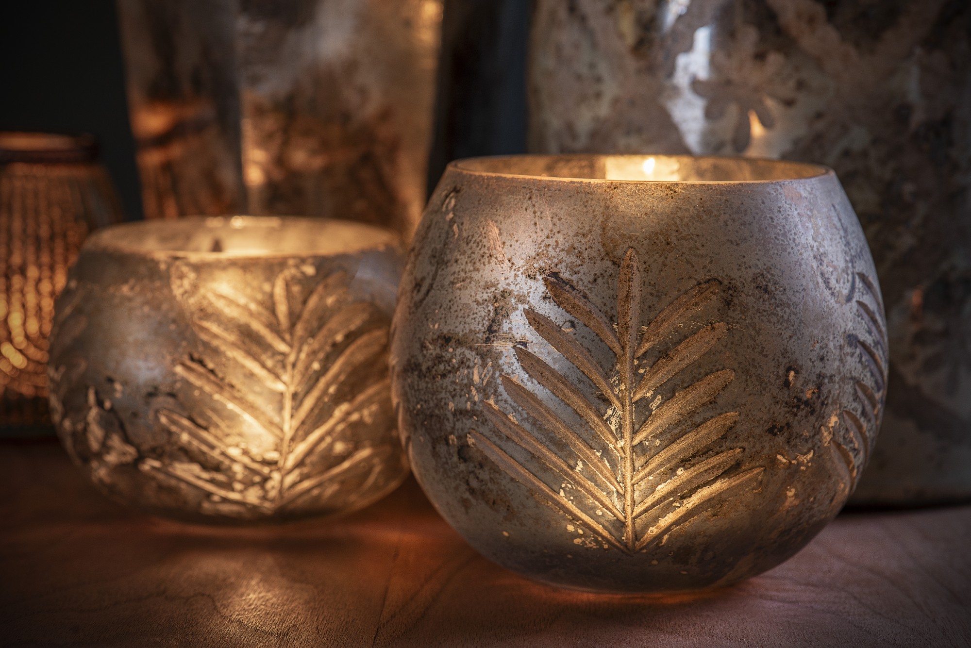 Windlicht 'Farn', antik silber, Ø 15 cm, H 13 cm von fischer's lagerhaus