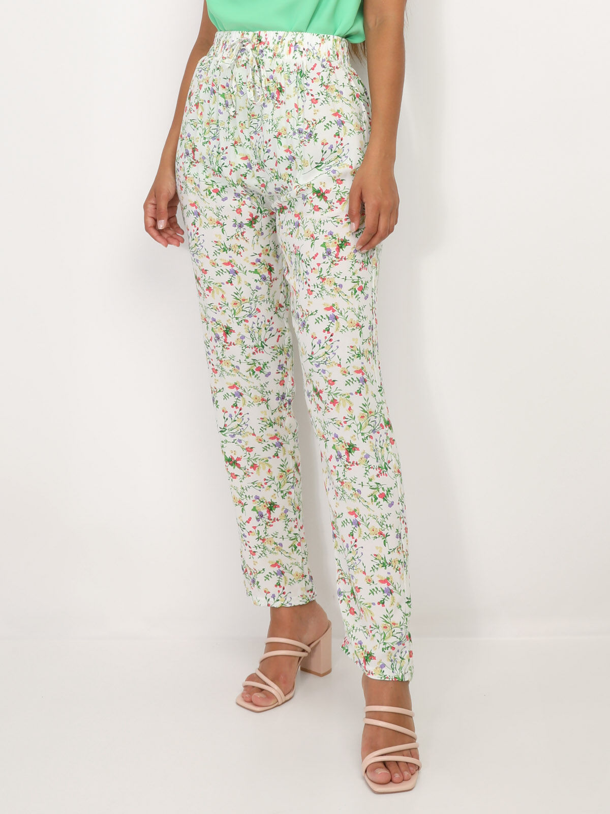 Pantalon léger à motif fleurs- Blanc
