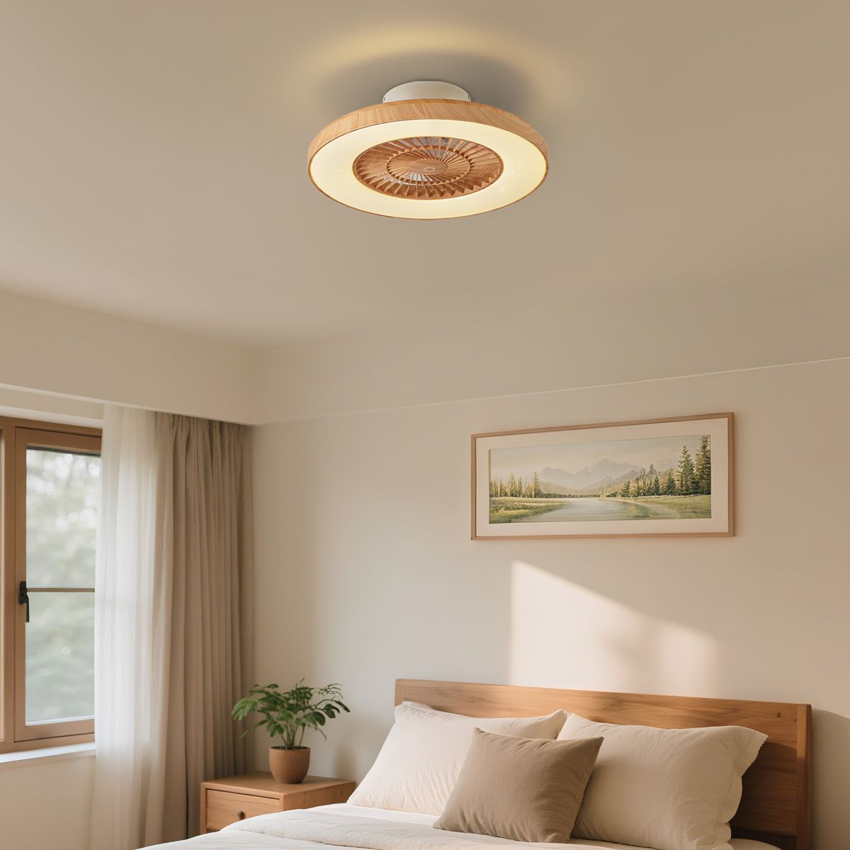 Plafondventilator hout print met ster effect 60cm incl. LED dimbaar met afstandsbediening - Climo