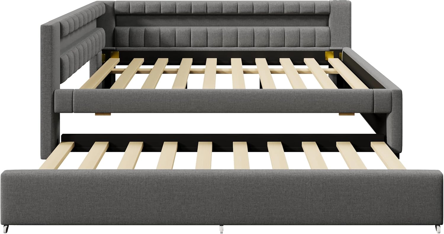 Polsterbett Schlafsofa 140x200, Daybett Tagesbett mit Ausziehbett, Doppelbett mit LED USB Typ C Ladefunktion, Kinderbett Jugendbett Gästebett, Leinen, Grau, ohne Matratze