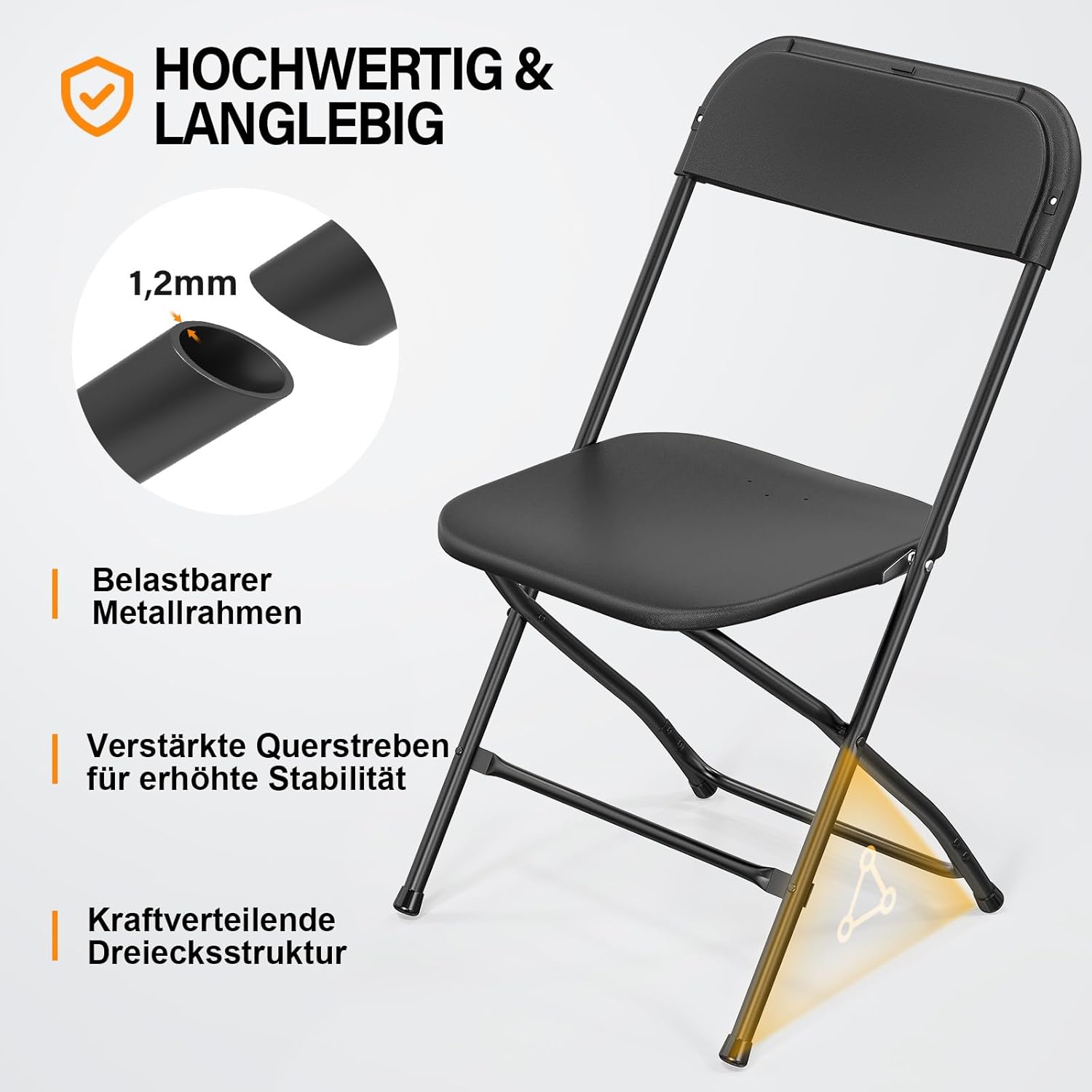 Bonnlo Klappstuhl, Gartenstühle 8er Set, Campingstuhl bis 158KG, Stühle Esszimmer Balkon Büro, Stapelbar, aus Metall & Kunsttoff, Schwarz