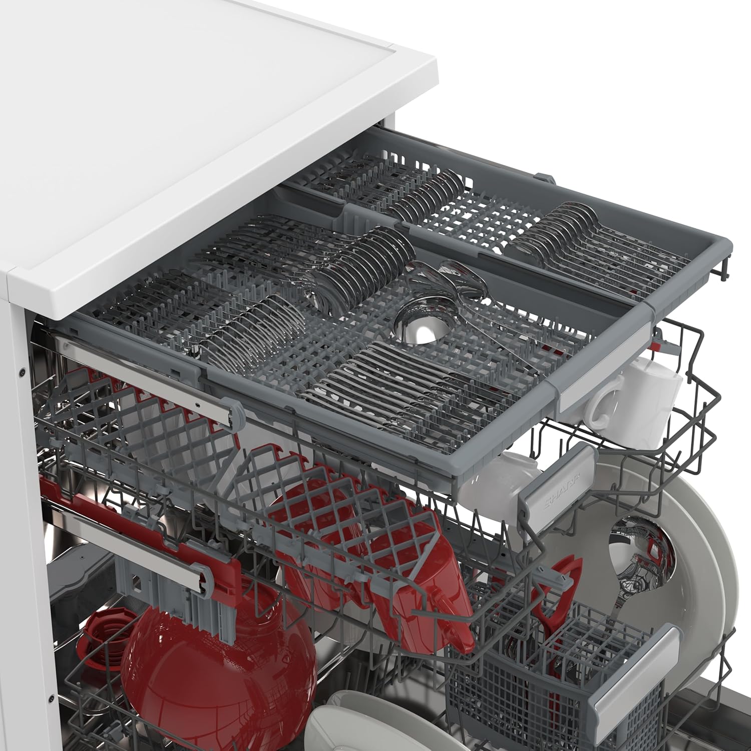 Sharp QW-NA3YF42AW-DE Geschirrspüler freistehend, 60 cm, 14 Maßgedecke, A, 42 dB, SteamWash, DualProWash, EcoWash, AutoDoor, WLAN, Weiß