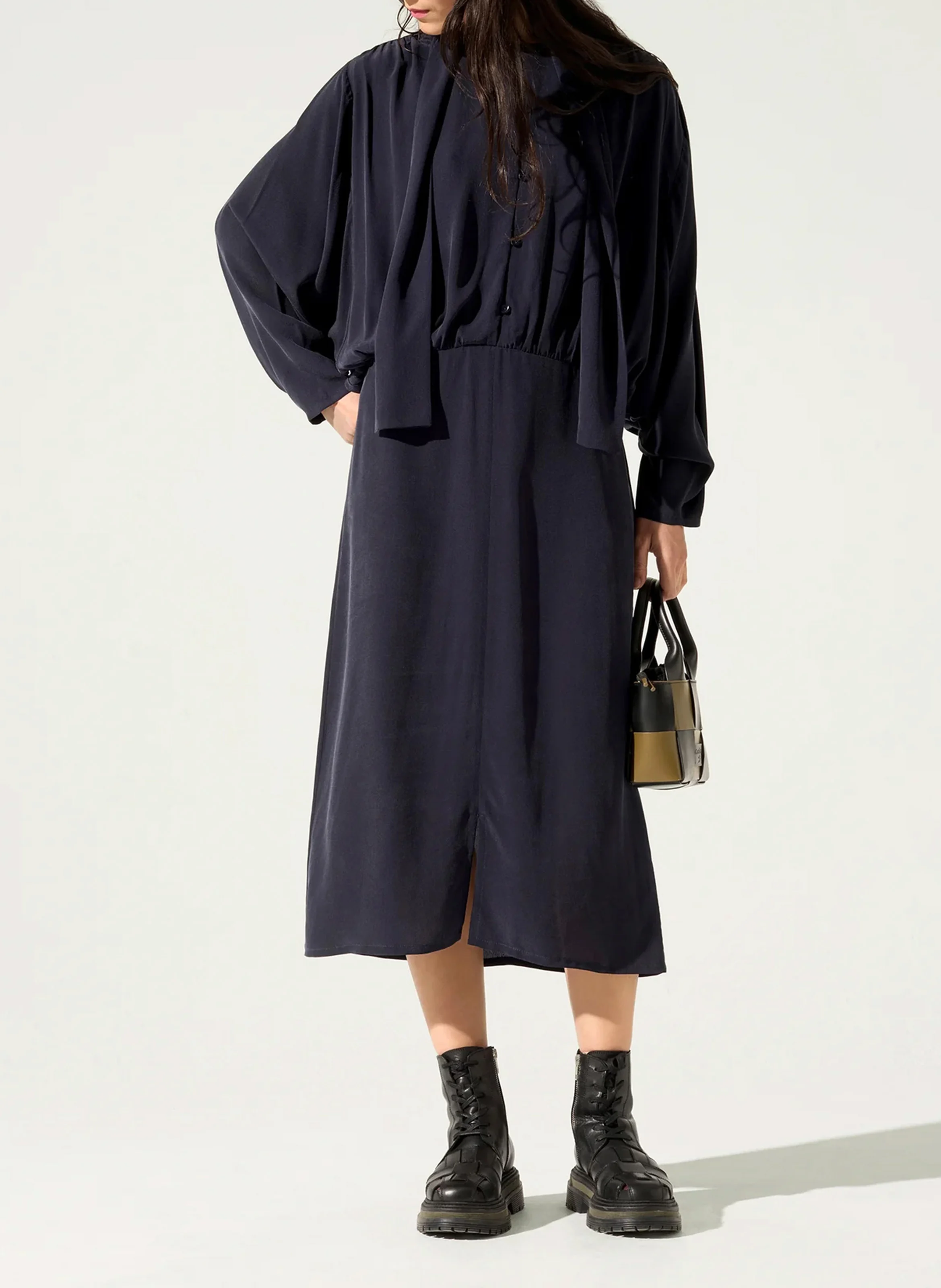 Robe midi col lavallière | Bleu