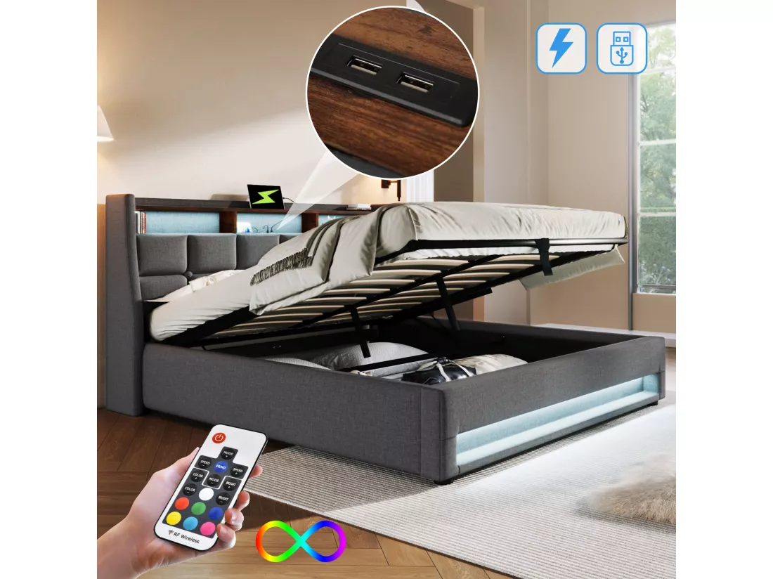 Lit coffre en lin 160x200cm avec LED et ports USB - sommier à lattes - gris