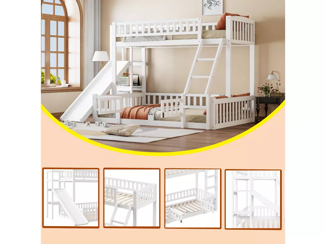 Lits superposés 140 x 200 cm + 90 x 200 cm avec toboggan, étagères et barrières de protection - Pin+MDF - Blanc (sans matelas)