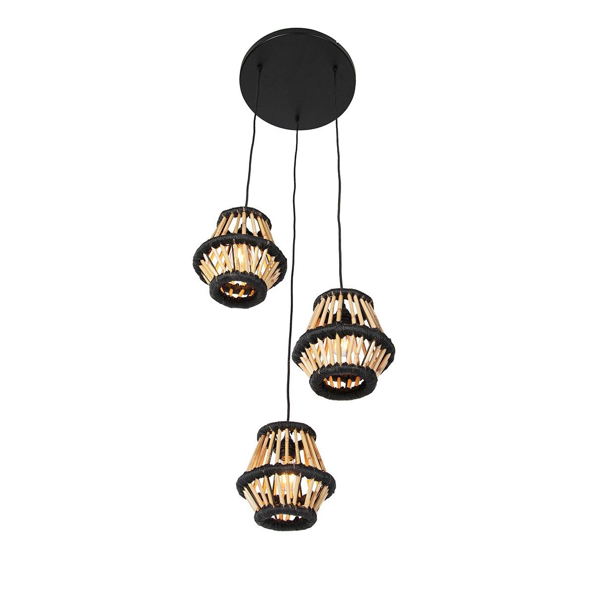 Oosterse hanglamp bamboe met zwart rond 3-lichts - Evalin