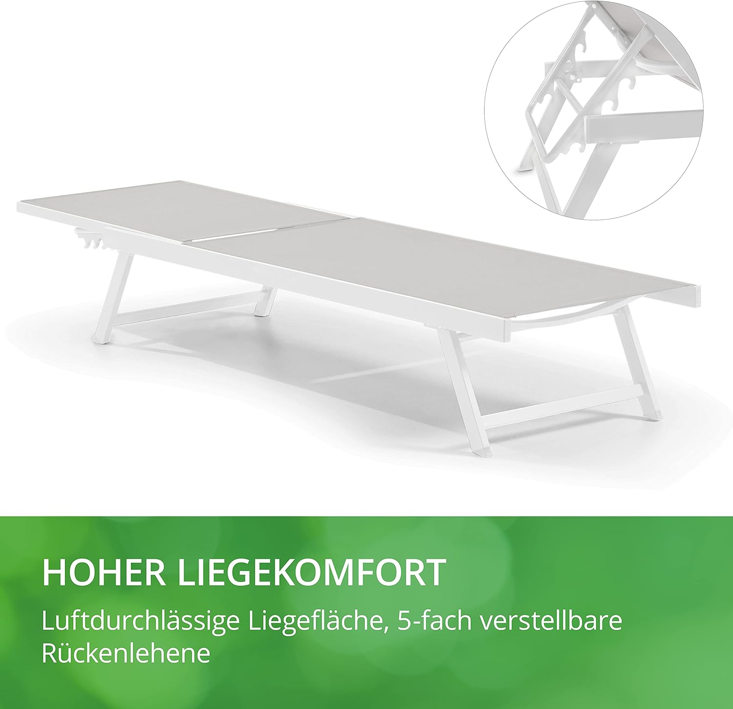 Leco-Sonnenliege Elina – Formschöne Aluminium-Gartenliege mit 5fach Verstellbarer Rückenlehne und einklappbaren Füßen – Gestell Weiß