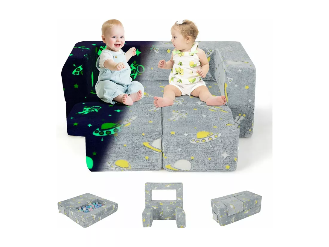 5 en 1 Canapé Enfants Lumineux (Brillant dans Le Noir) avec 2 Poufs & Motif de Vaisseau Spatial, Fauteuil Convertible en Tissu avec Poche Latérale, Housse Lavable, 3 Ans+