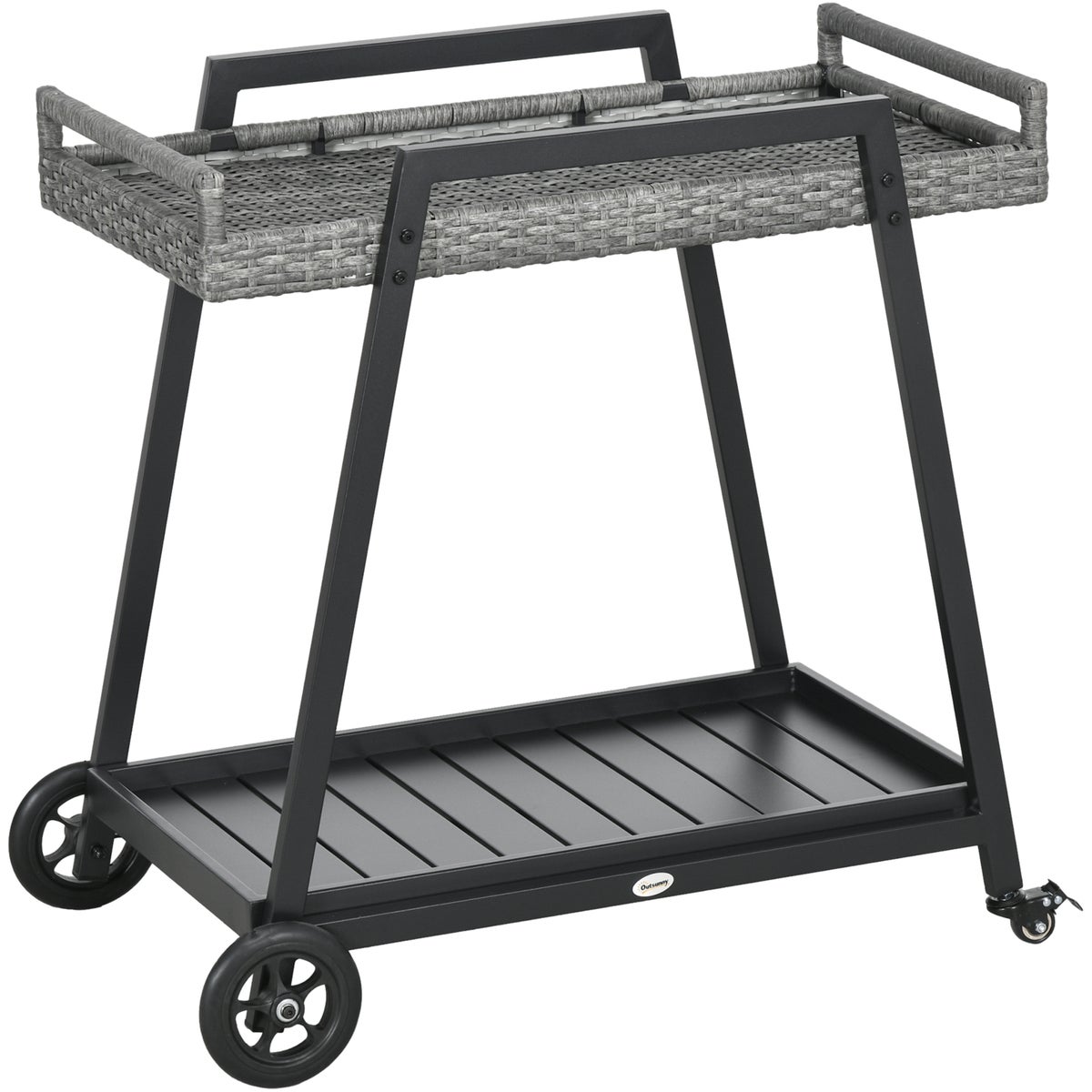 Outsunny Rattan Serveerwagen met Plank, Tuintrolley met Handgrepen, 79L x 52B x 82H cm, Staal, Grijs