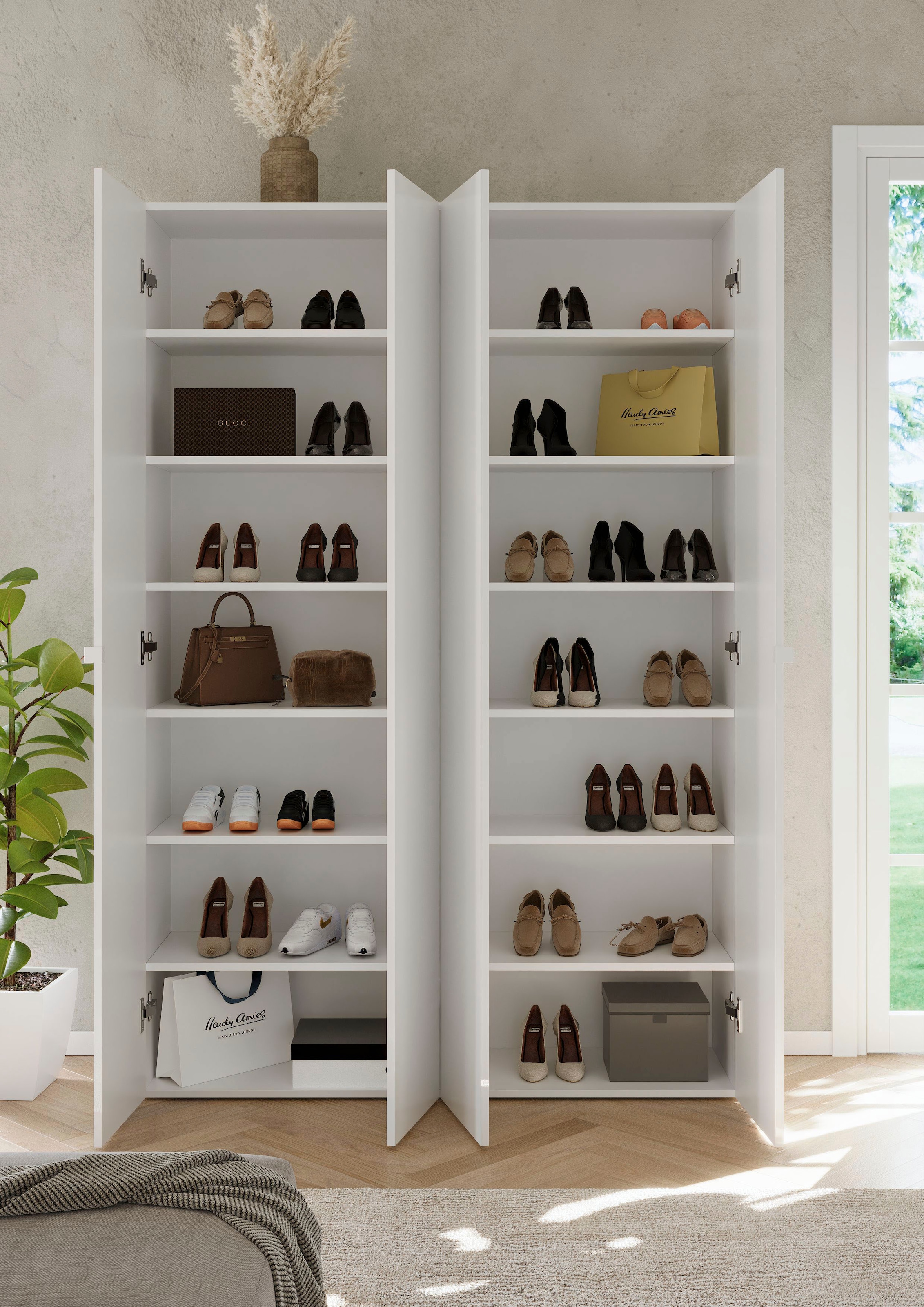 INOSIGN Schuhschrank »SMILE Breite 124 cm, Höhe 184 cm, Schuhregal mit 7 Ebenen, 14 Fächer« Schuhkommode in Weiss Hochglanz Lack, 2 Metallgriffe
