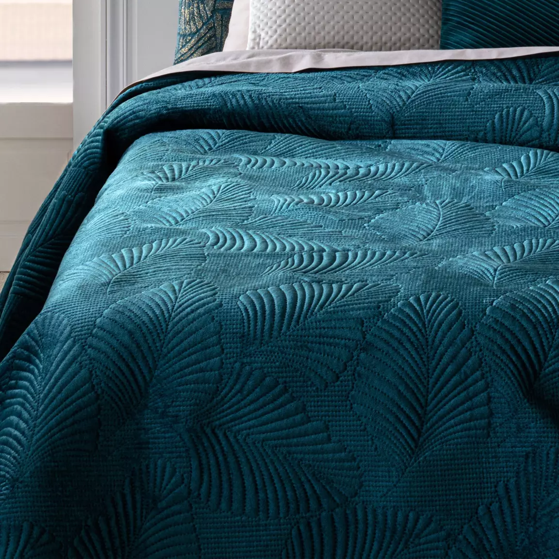Couvre-lit (260 x 240 cm) Feuilles Bleu canard