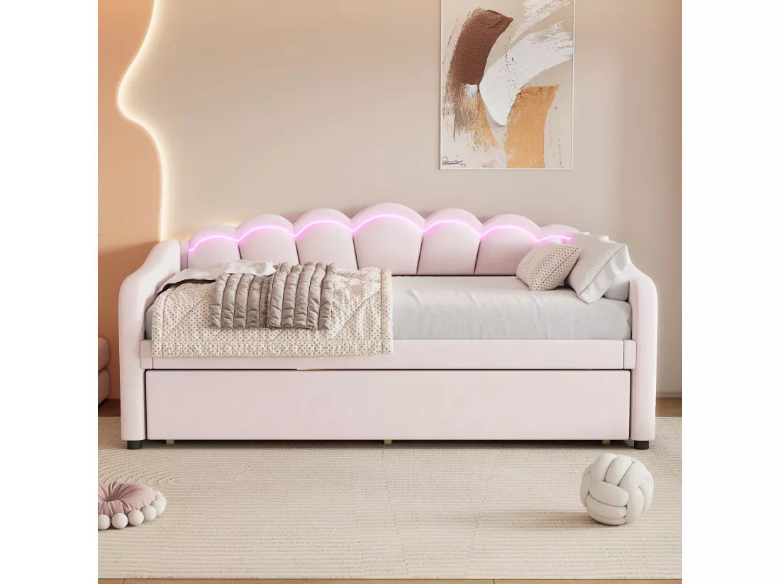 Lit gigogne 90 x 200 cm + lit 90 x 190 cm, canapé-lit - velours - LEDs - coloris rose (sans matelas)