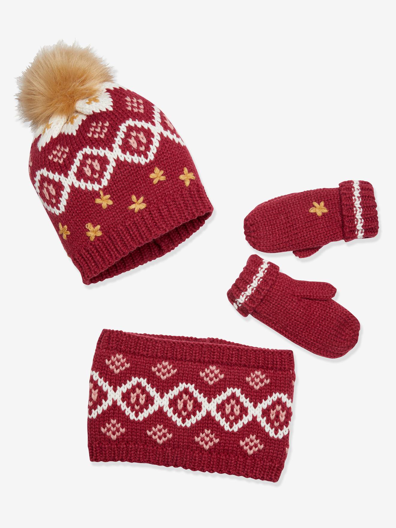 Conjunto de gorro, cachecol e luvas em jacquard Oeko-Tex® para meninas, rosa escuro, bicolor/multicolorido.
