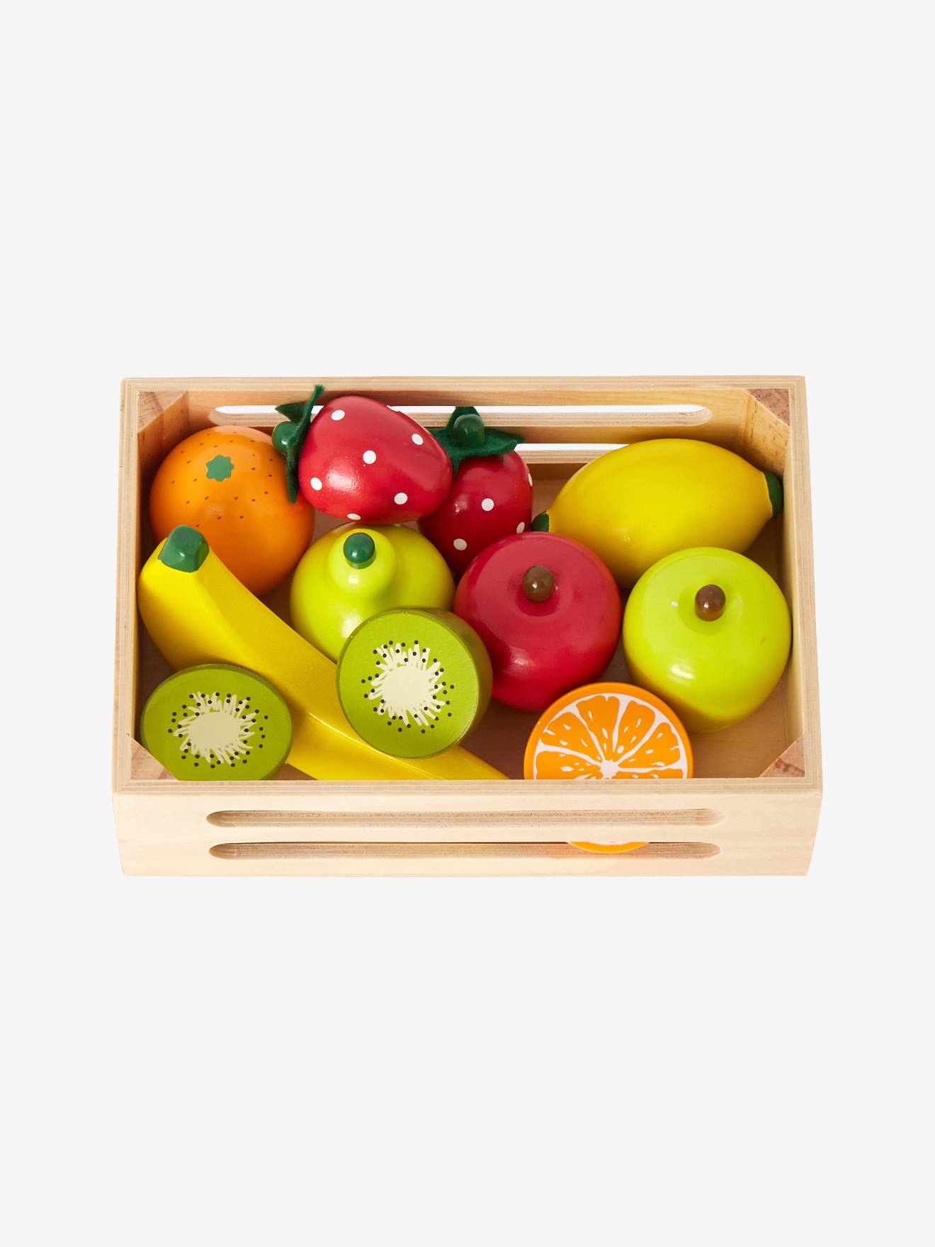 Caixa de frutas de madeira para cozinha de brinquedo, multicolorida