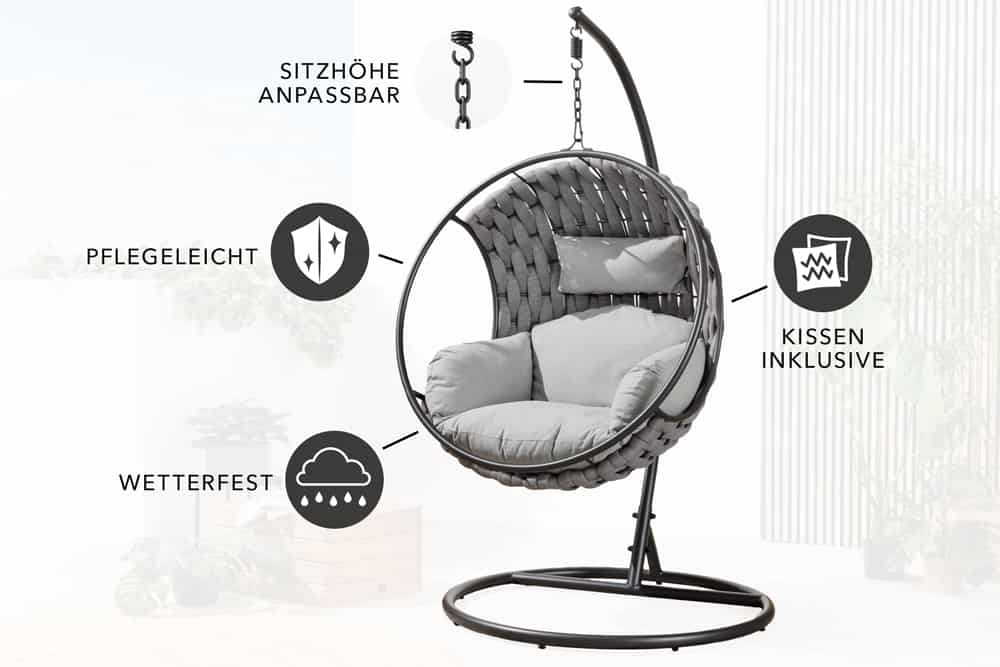 In- und Outdoor Hängesessel ROPE anthrazit grau mit Gestell wetterfest inkl. Kissen