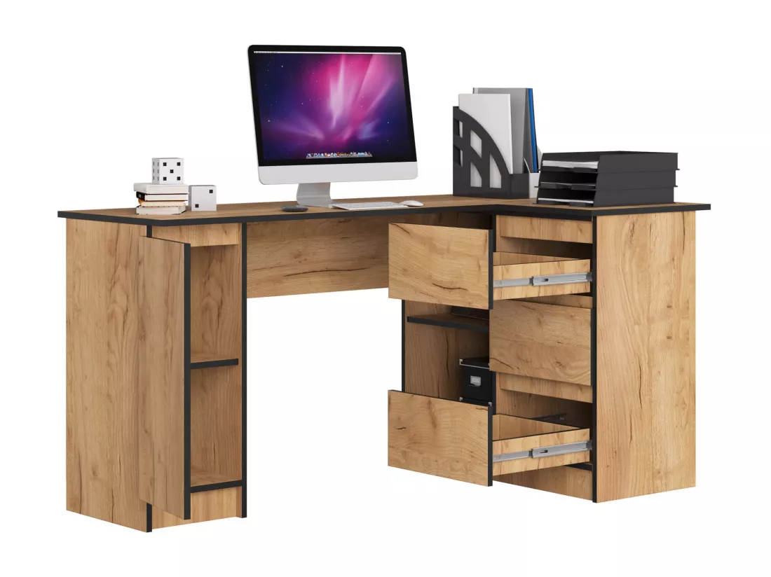 Bureau AKORD d'angle droit B20 Chêne Craft 155 cm 1 porte 3 tiroirs façade Chêne Craft 4 étagères 155x85x77 cm