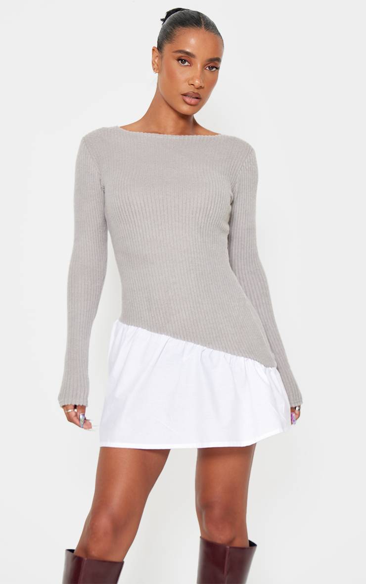 Gris Cendré Robe Droite En Maille Côtelée Brossée À Ourlet Asymétrique