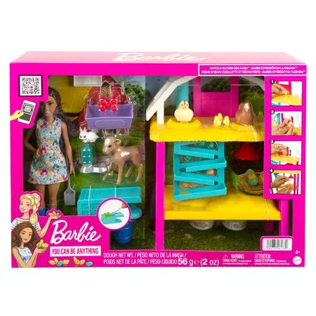 Barbie Hühnerhof Spielset, Barbie-Puppe, zierliche Körperform, brünett, Zubehörteile, für Kinder ab 4 Jahren