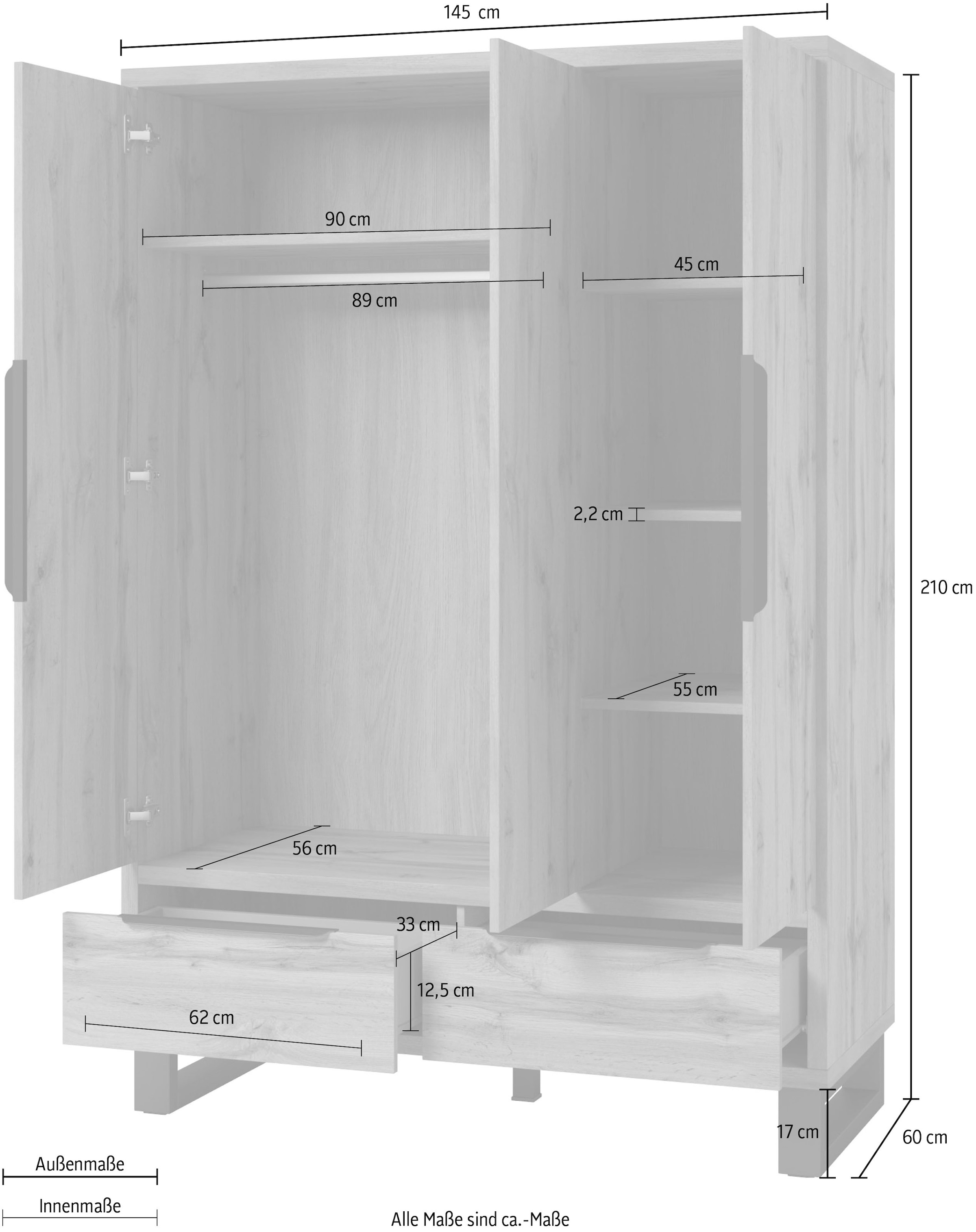 Home affaire Drehtürenschrank »Bronne,Breite 145 cm, Wäscheschrank inclusive Innenausstattung« Kleiderschrank, 2 Schubladen, Metallgriffe, Garderobe