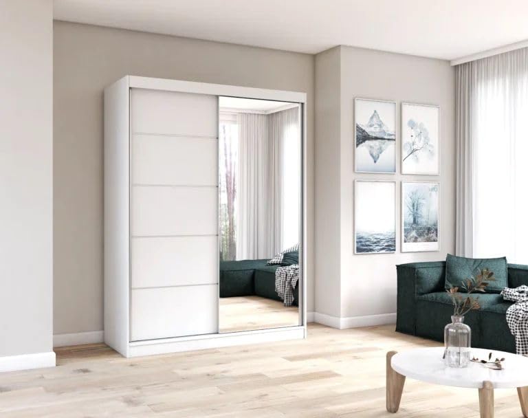 Fabryka Mebli Idźczak Kleiderschrank mit Spiegel, Schiebetüren - Weißer Schwebetürenschrank, Schlafzimmerschrank - ‎61 x 150 x 200 cm - Schrank für Schlafzimmer, Ankleidezimmer, Garderobe