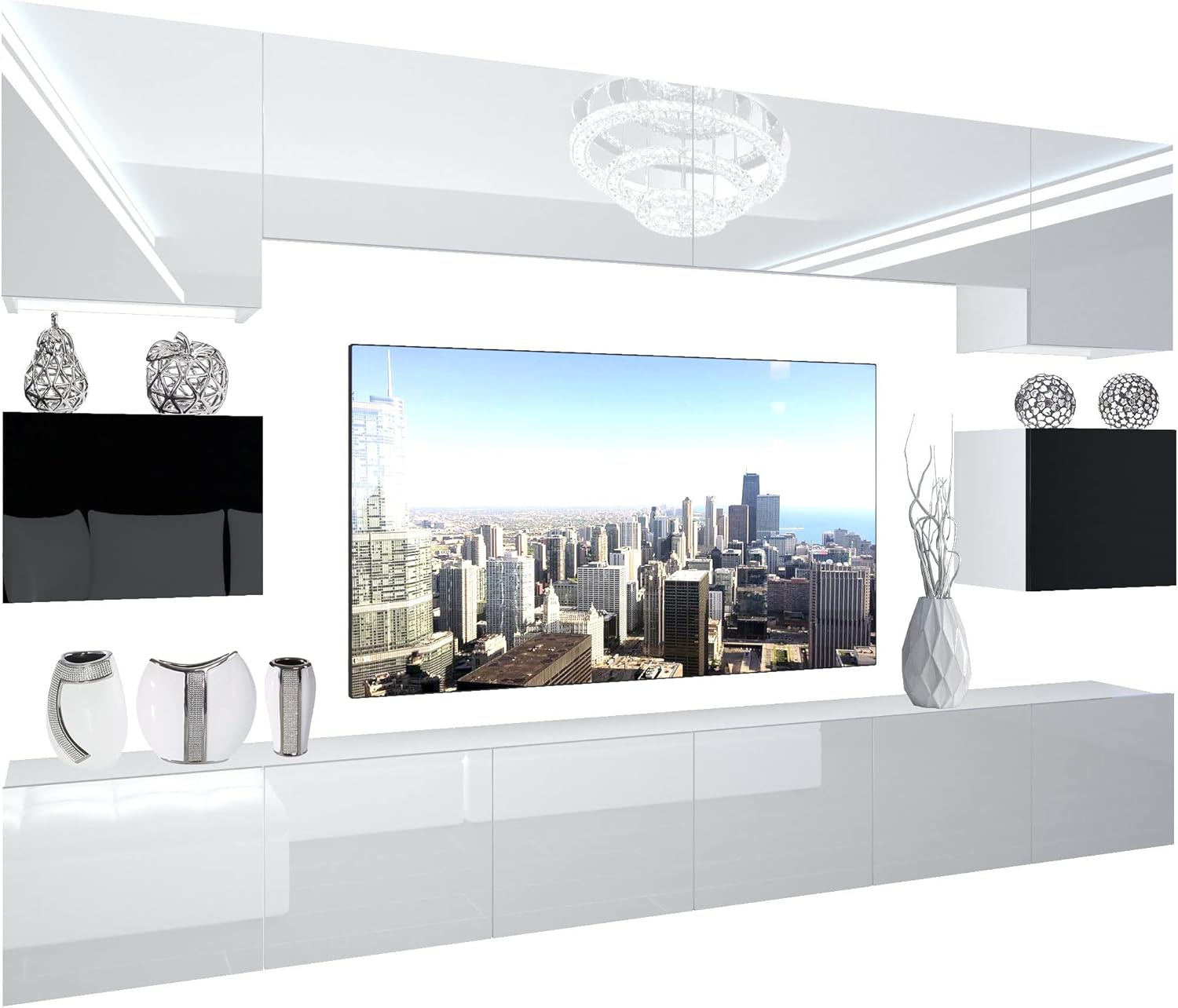 BELINI Wohnwand Vollausstattung Wohnzimmer-Set Moderne Schrankwand mit LED-Beleuchtung Anbauwand TV-Schrank Weiß/Schwarz