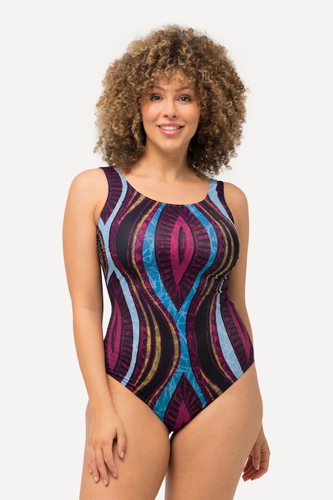 Badeanzug, abstrakter Druck, Raffung, ohne Softcups