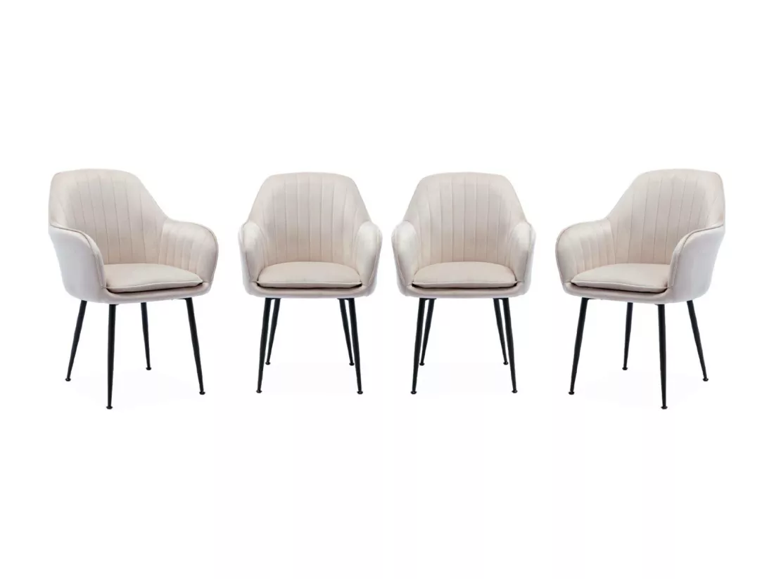 Lot de 4 fauteuils en velours blanc cassé et pieds en métal noir. Shella L 57 x P 59 x H 84.5