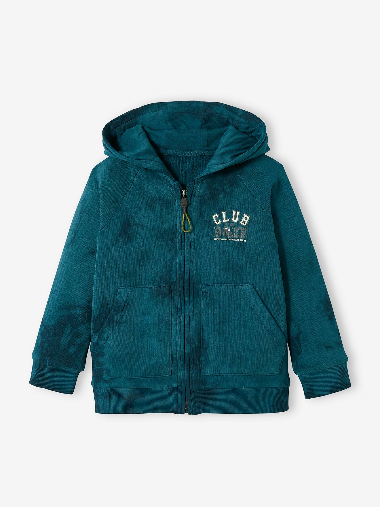 Moletom com zíper tie-dye para menino, lavagem azul escura