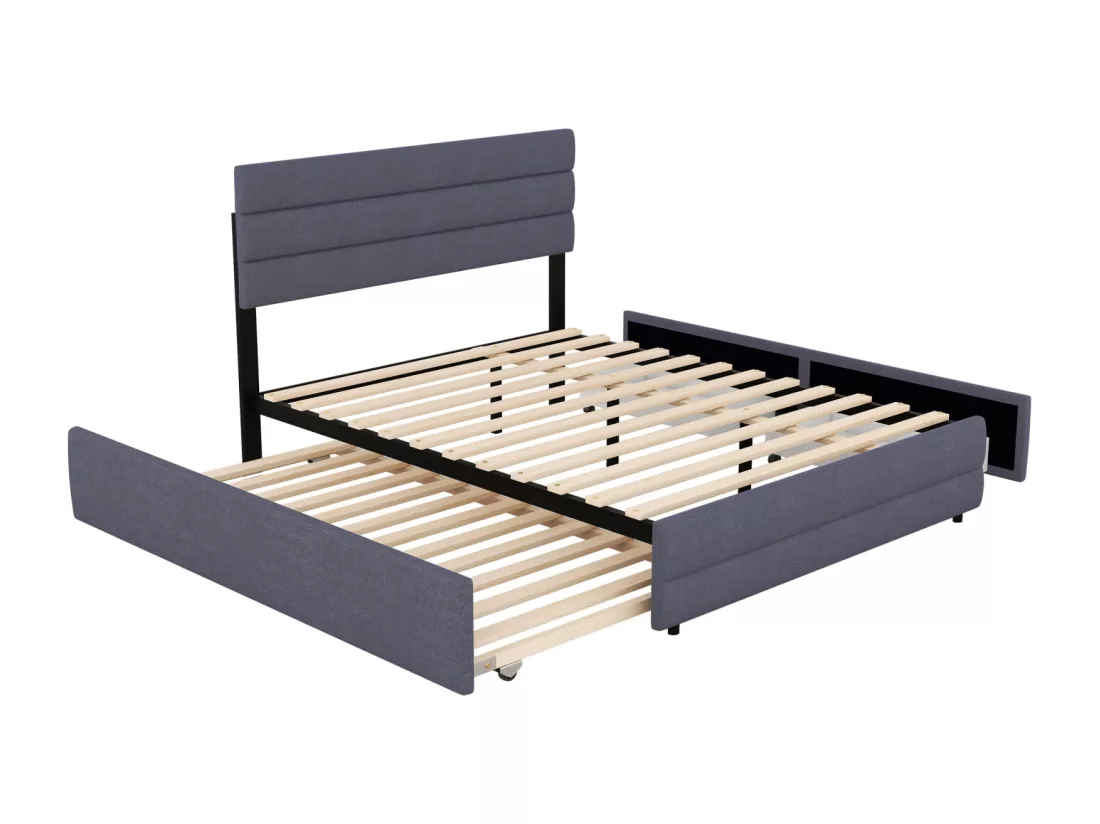 Lit gigogne pour adulte et enfant 140 x 200cm & 90 x 190cm - Lit plate-forme extensible avec 2 tiroirs avec sommier à lattes et tête de lit - gris