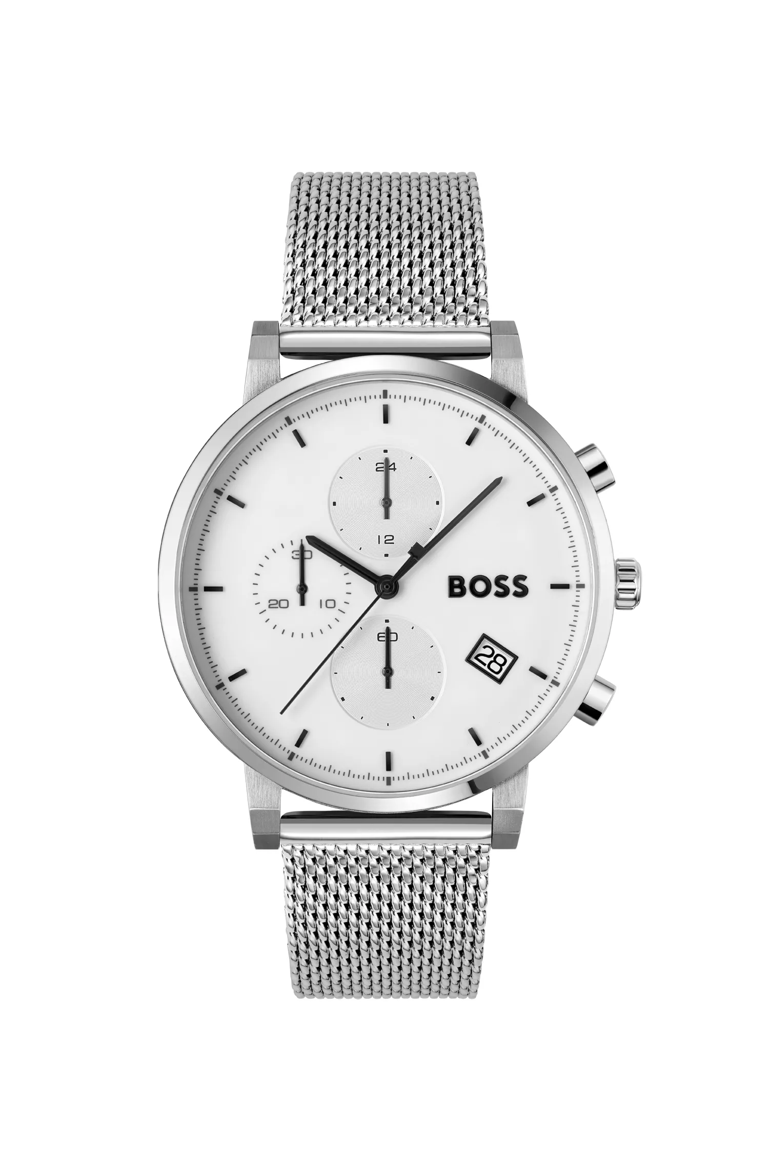 Relógio cronógrafo BOSS com mostrador preto e branco e pulseira de malha.