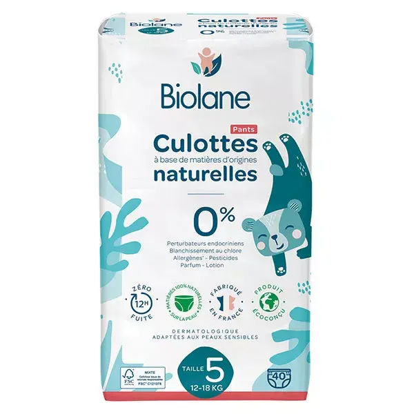 Biolane - Fraldas-calça naturais Tamanho 5 - 12H - Zero vazamentos - Pacote com 40 unidades
