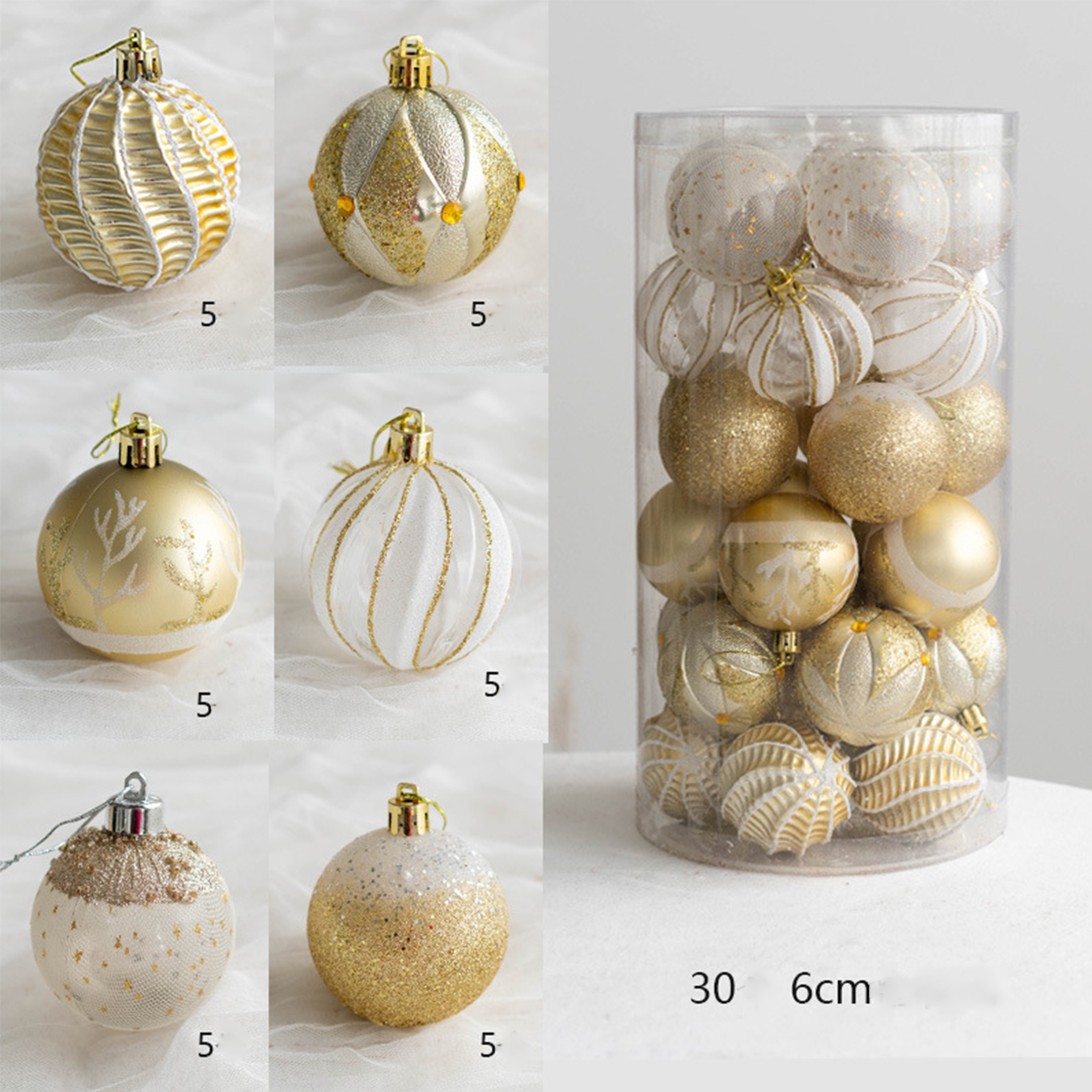 (30er Set) Ø6cm Christbaum Schmuck Glitzer Weihnachtskugeln Tannenbaum Aufhänger Home Deko - Gold / Weiss