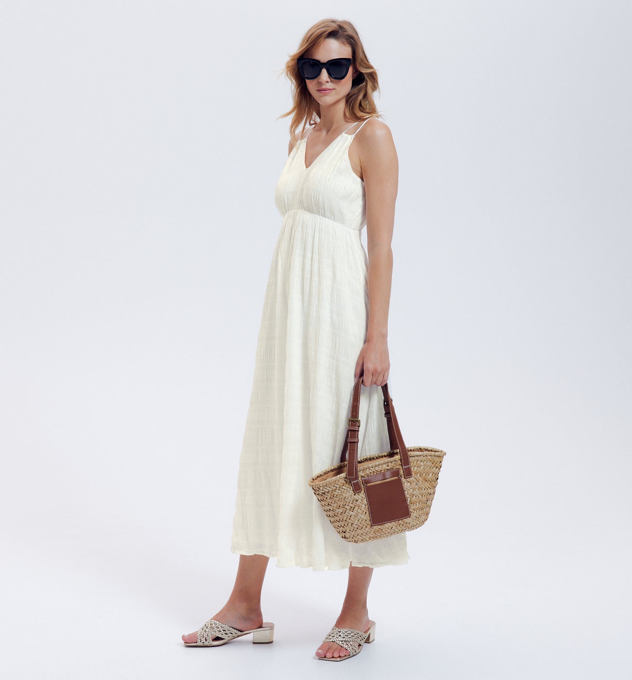 Robe mi-longue à bretelles - Ecru
