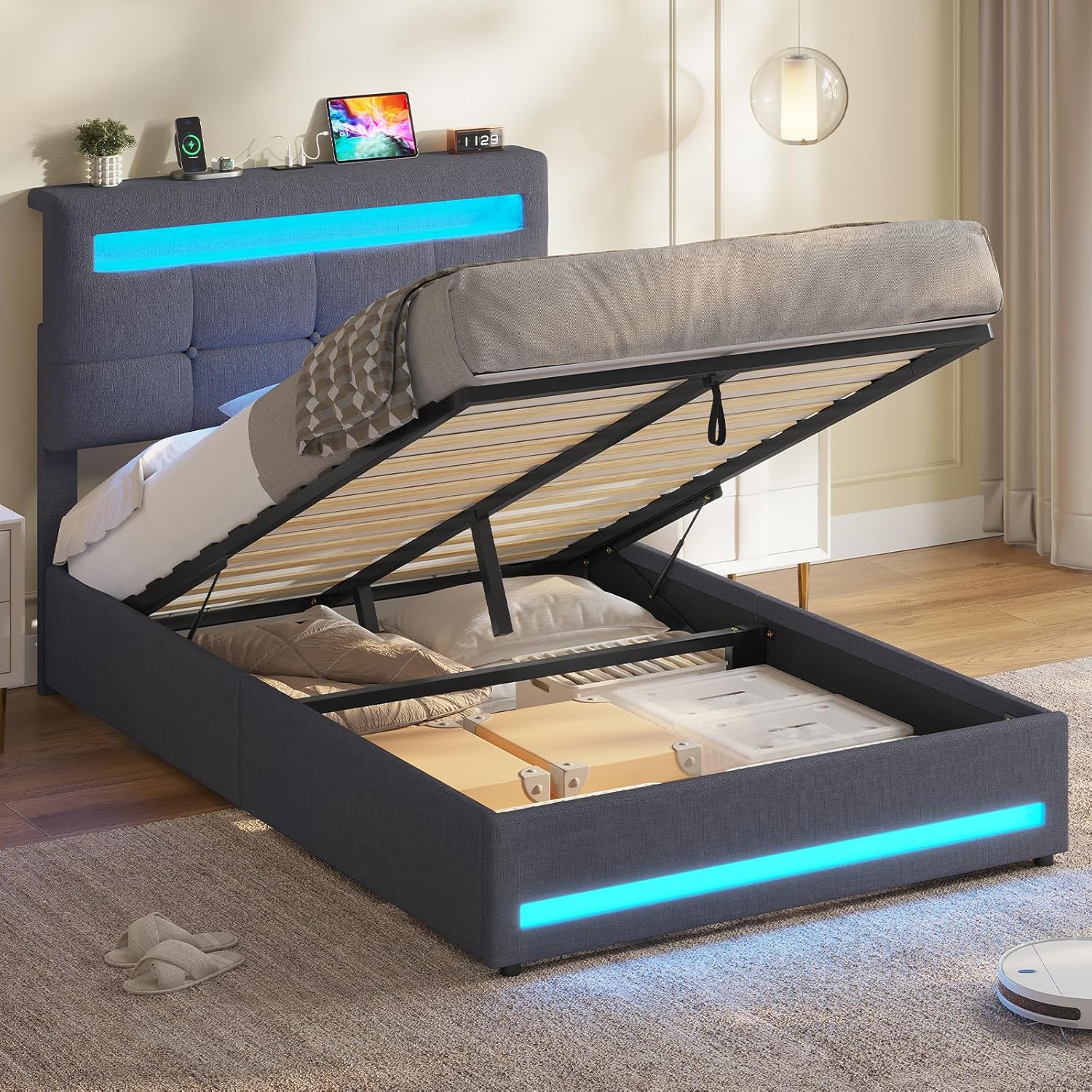 AOGLLATI Hydraulisch Stauraumbett 90×200cm, Polsterbett Doppelbett mit LED und USB-Ladefunktion, Funktionsbett Jugendbett mit Stauraum und Lattenrost, Linen,Ohne Matratze, Dunkelgrau RO3029651