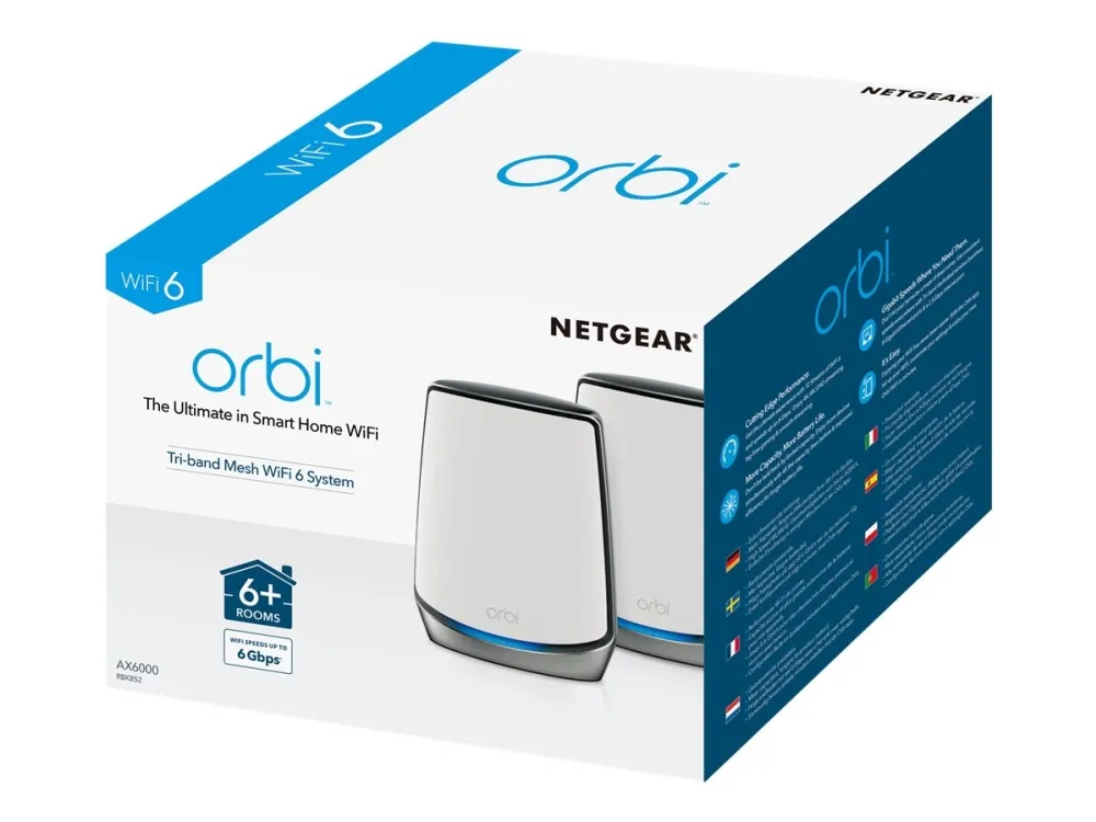 NETGEAR Orbi WiFi System RBK852 - Wi-Fi-system - (router, forlænger) - op til 350 kvm - mesh 1GbE, 2.5GbE - Wi-Fi 5, Wi-Fi 6 - Tri-Band