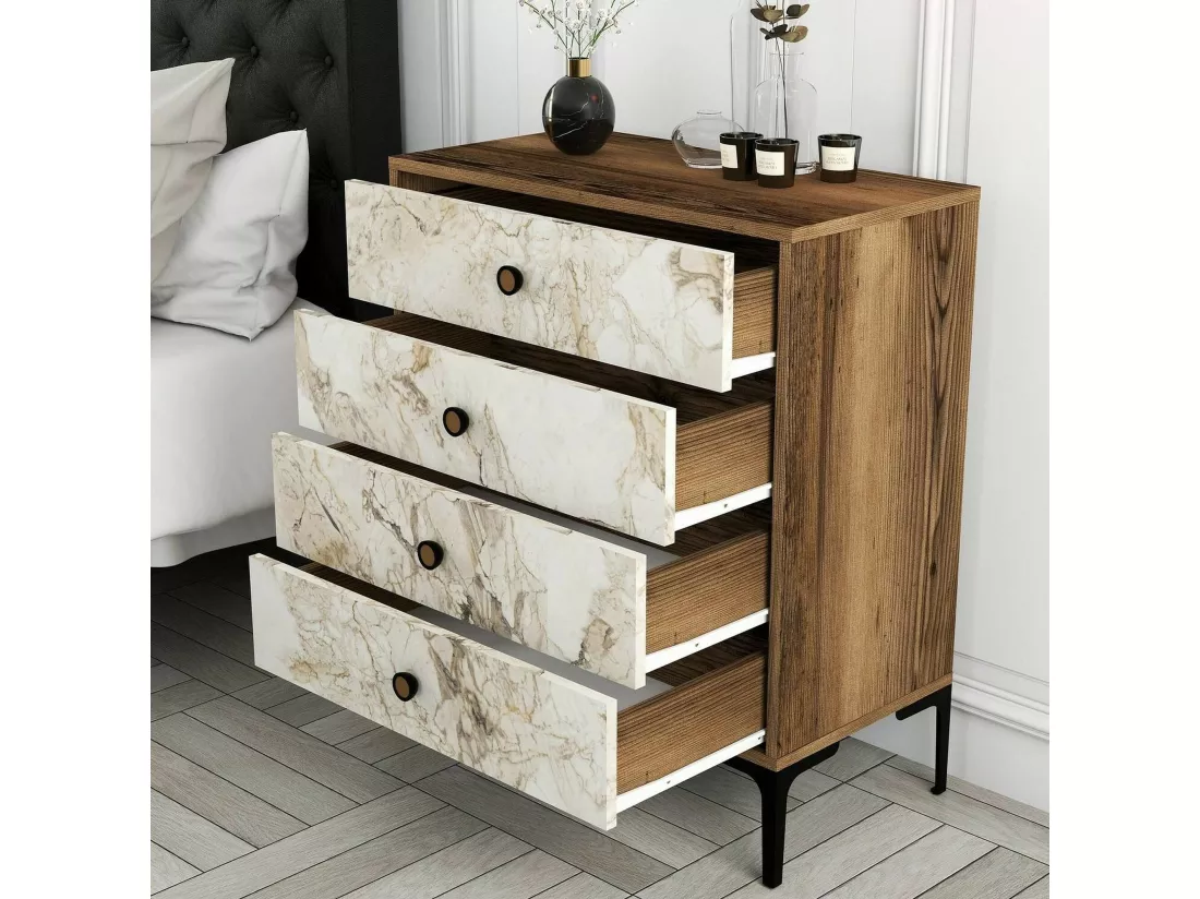 Commode Aether, Commode polyvalente, Commode de chambre, Meuble avec tiroirs, 76x40h91 cm, Noyer et Marbre Blanc